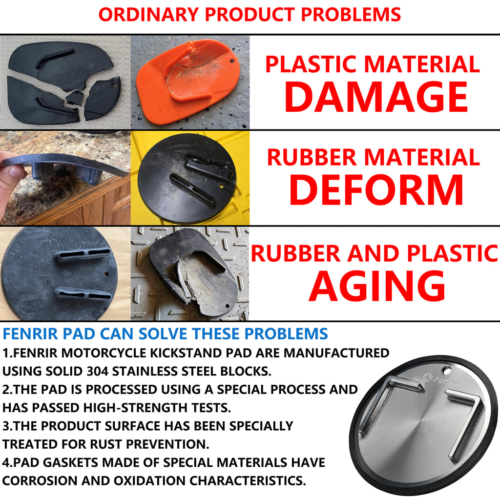FENRIR Stödplatta i 304 rostfritt stål för sidostöd, tillbehör för motorcykel, cykel, scooter. Passar utomhus: mjuk mark/gräs/grusväg/asfalt. Inomhus: garagegolv/trägolv