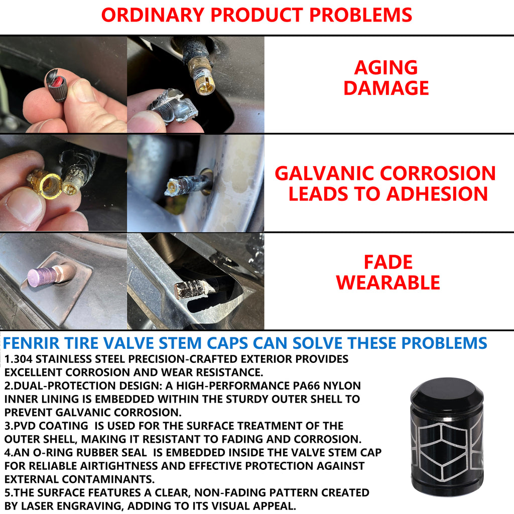 Fenrir Wheel Tire Valve Stem Caps Covers 304 Stainless Steel PVD Surface Treatment Anti-Leakage Design Compatible with American Schrader Valve Motorcycle Car SUV ATV UTV Bicycle