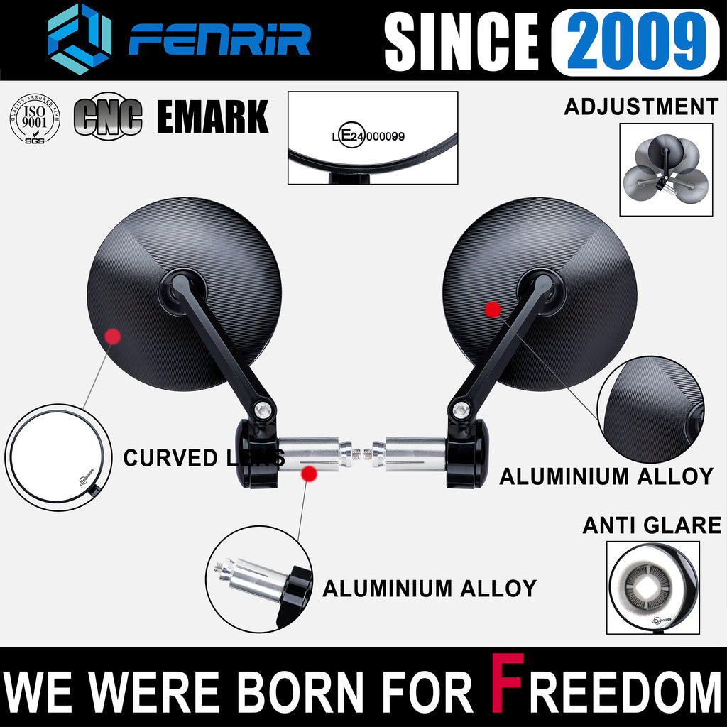 FENRIR Emark CNC Forged Aluminum Alloy Round Black Motorcycle Bar End Mirrors 801-0518