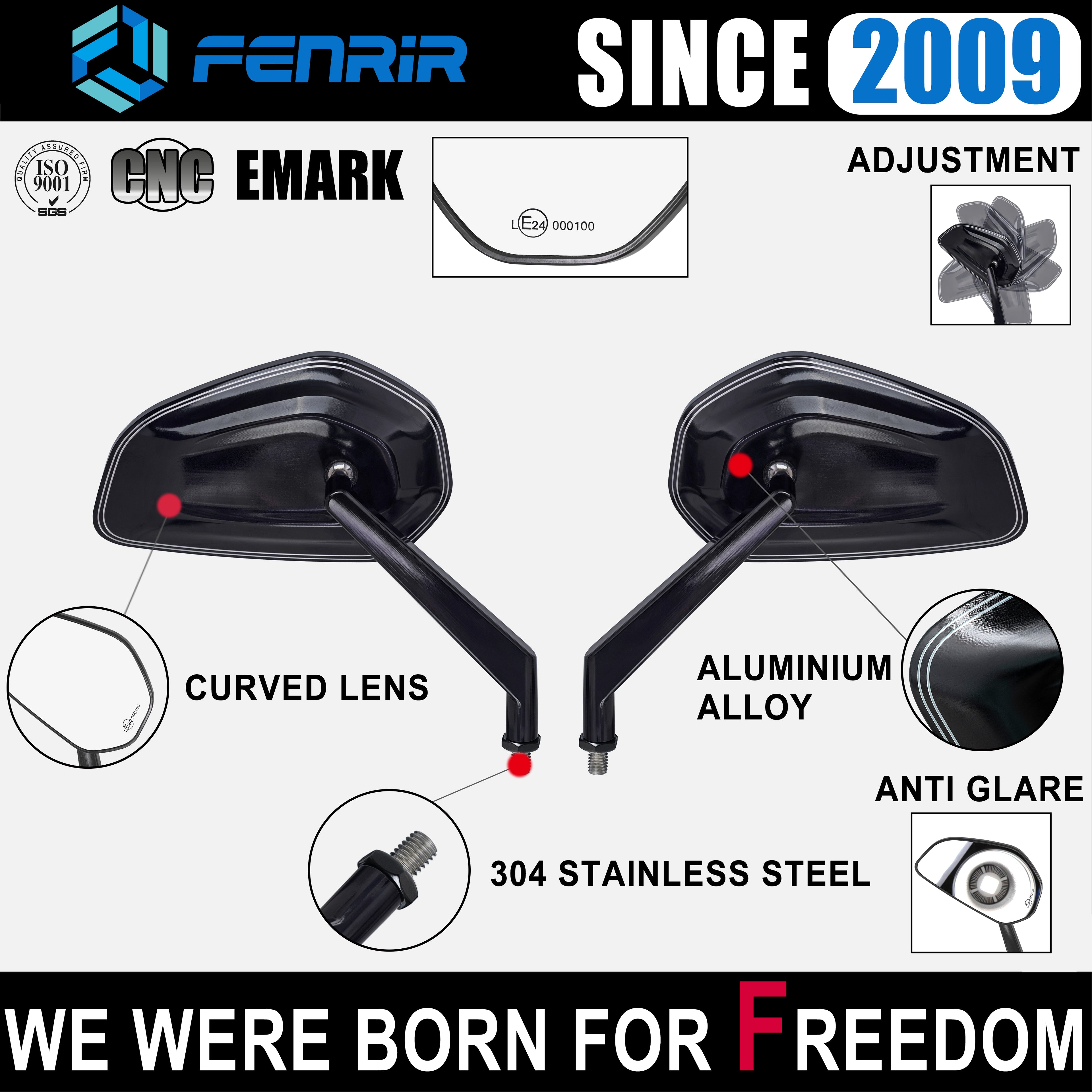 FENRIR E24 Emark CNC alumiiniseos musta moottoripyörän puolipeili Universal Retro pyöreä M10/M8 Adventure Dual Sport Naked Street Cruiser -skootteri