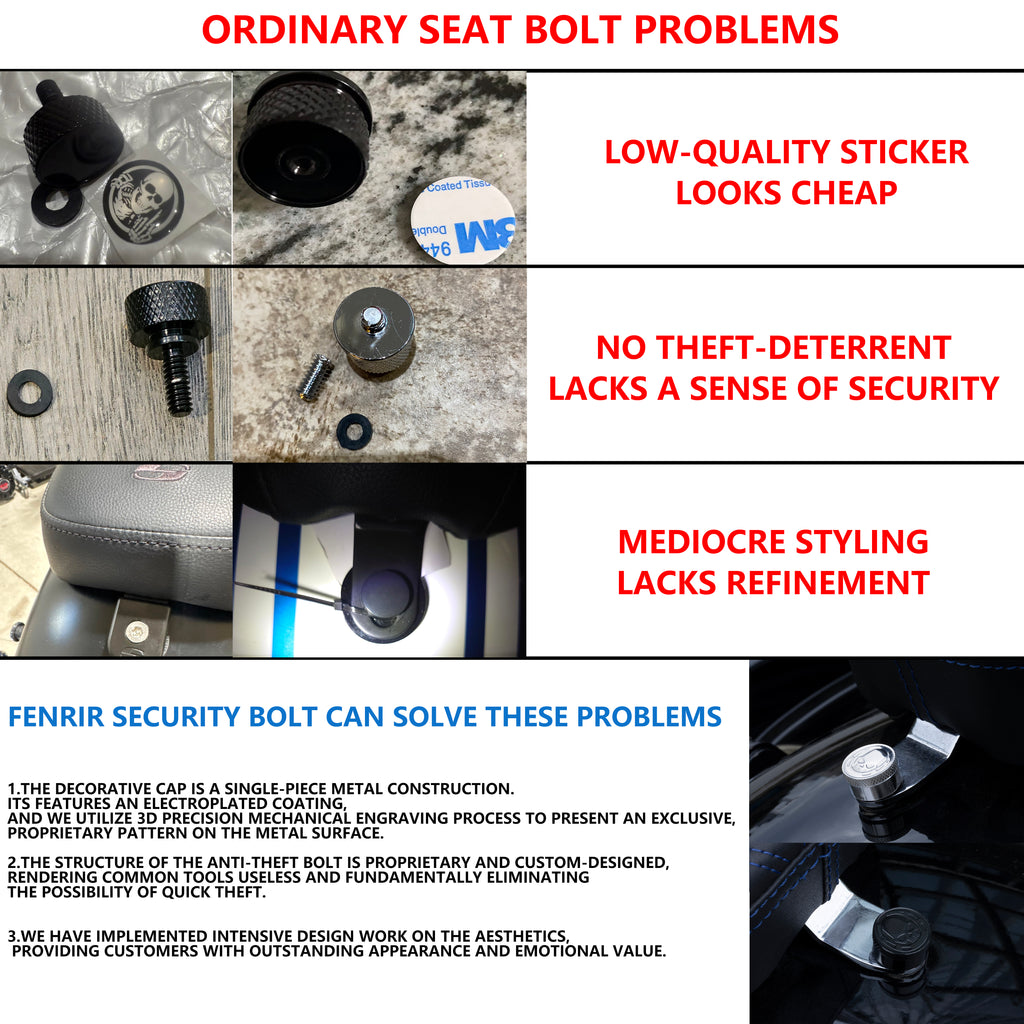 Fenrir Motorcycle Seat Anti Theft Bolt Security Screw Kit 304 Stainless Steel Metal Engraving Skull Horseshoe Motif Compatible with Harley Davidson 1997-Now Sportster Softail Dyna Touring