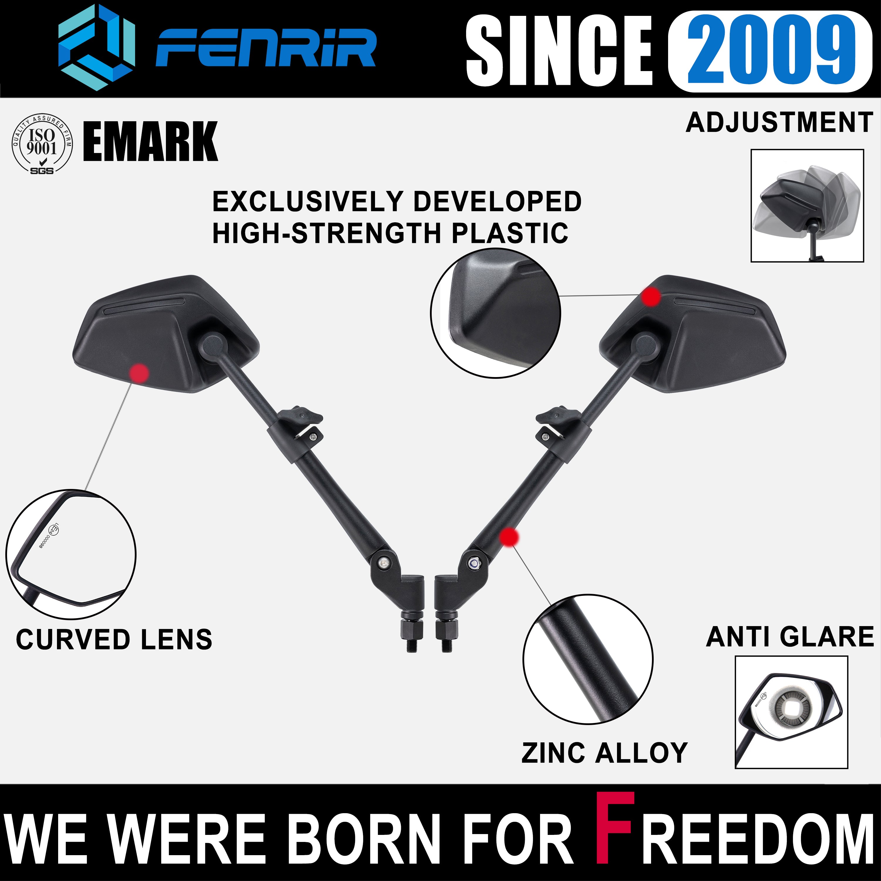 FENRIR Motorcycle Mirrors Indestructible Folding Function Anti-glare Curved Lenses Anti-vibration Design Adjustable Designed for road off-road Adventure (801-0118)