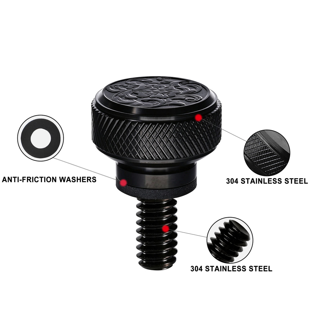 Fenrir Motorcycle Quick Release Seat Bolt Screw 304 Stainless Steel Black Finish Metal Engraving Acanthus Scrollwork Motif For 1997-now Sportster XG XL Dyna Softail Touring CVO