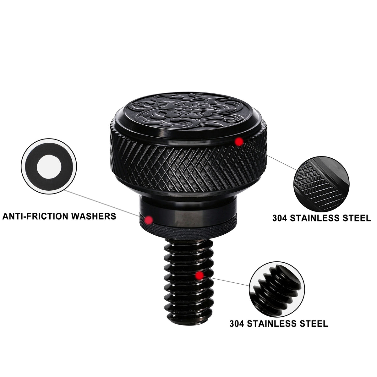 Fenrir Motorcycle Quick Release Seat Bolt Screw 304 Stainless Steel Black Finish Metal Engraving Acanthus Scrollwork Motif For 1997-now Sportster XG XL Dyna Softail Touring CVO