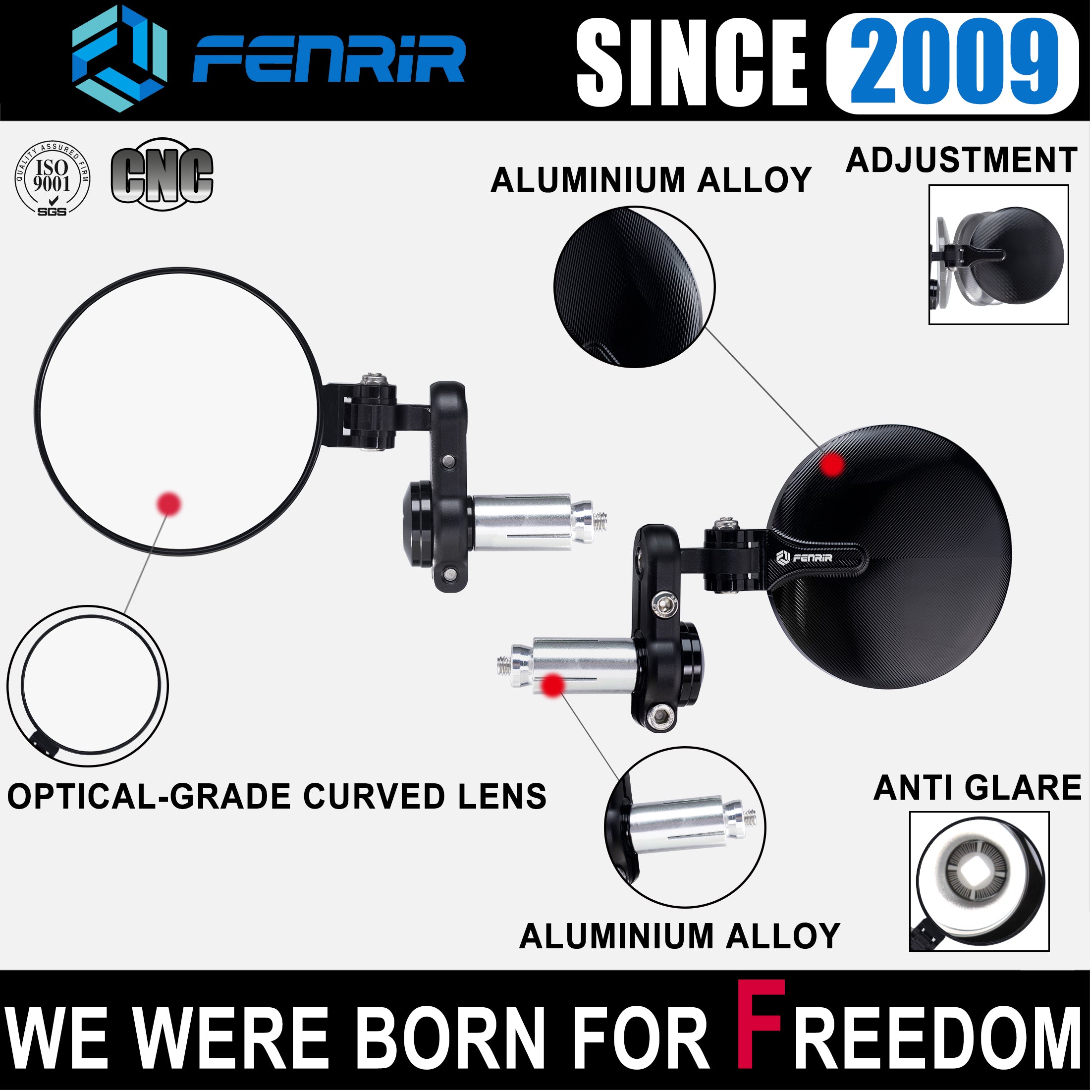 FENRIR CNC Forged Aluminum Alloy Round Black Motorcycle Bar End Mirrors 801-0366