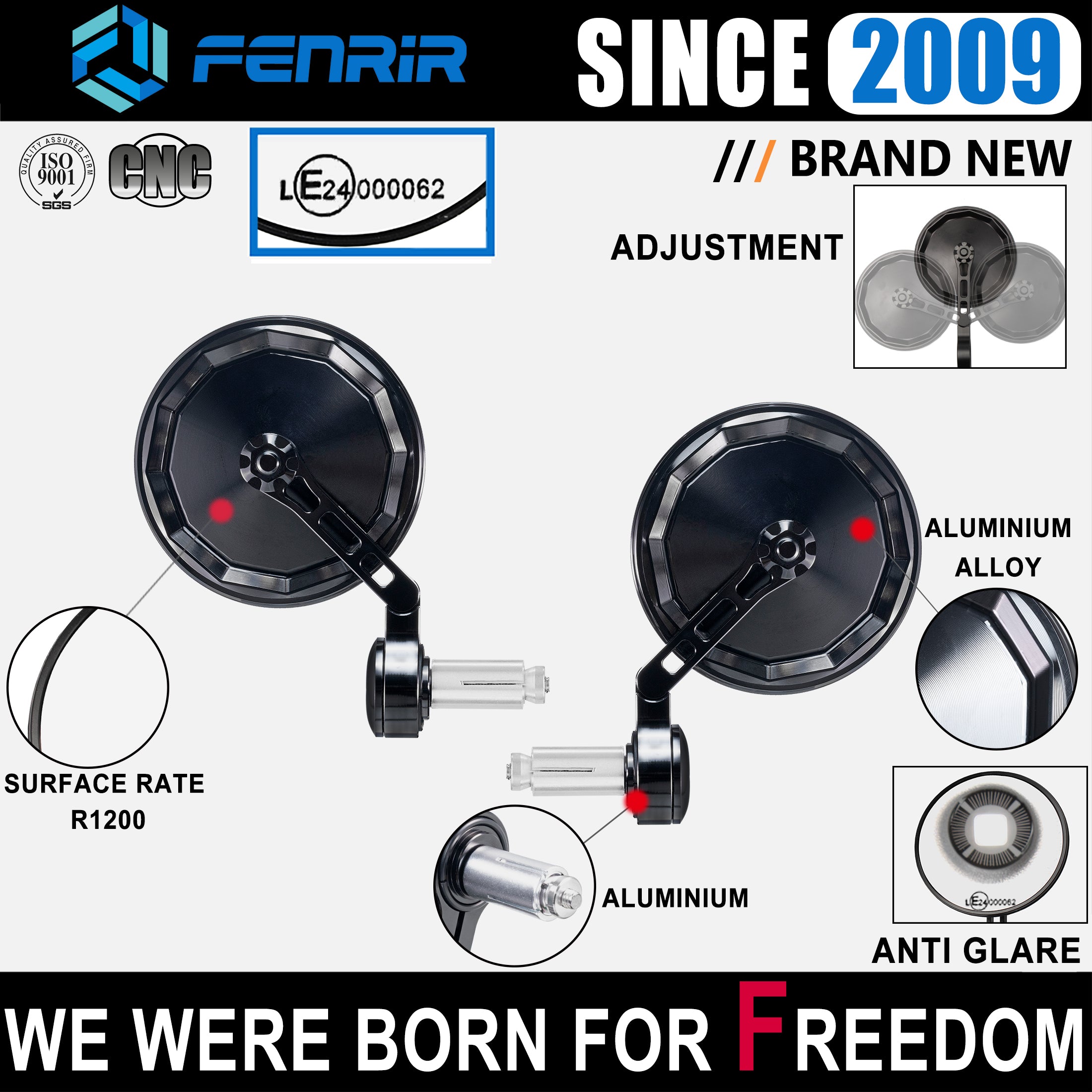 FENRIR EMARK CNC Aluminiumlegierung Runde Cafe Racer Retro Schwarze Motorrad Lenkerendspiegel 801-0505