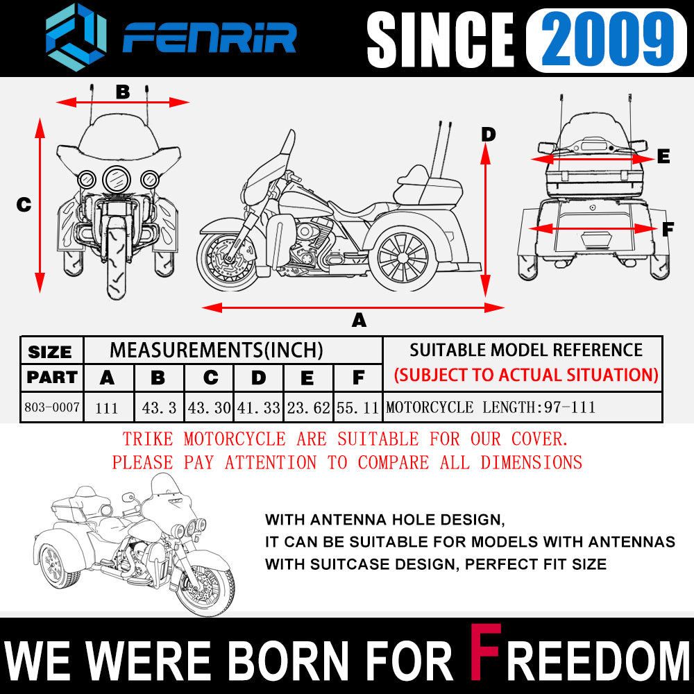 FENRIR 111 INCH 420D Trike Motorcycle Cover Waterproof Outdoor Storage Exhaust Pipe Anti-Scalding Antenna Hole for FREEWHEELER TRI Glide Ultra Road Glide 3 Street Glide 3 Limited Trike Goldwing Trike Roadmaster