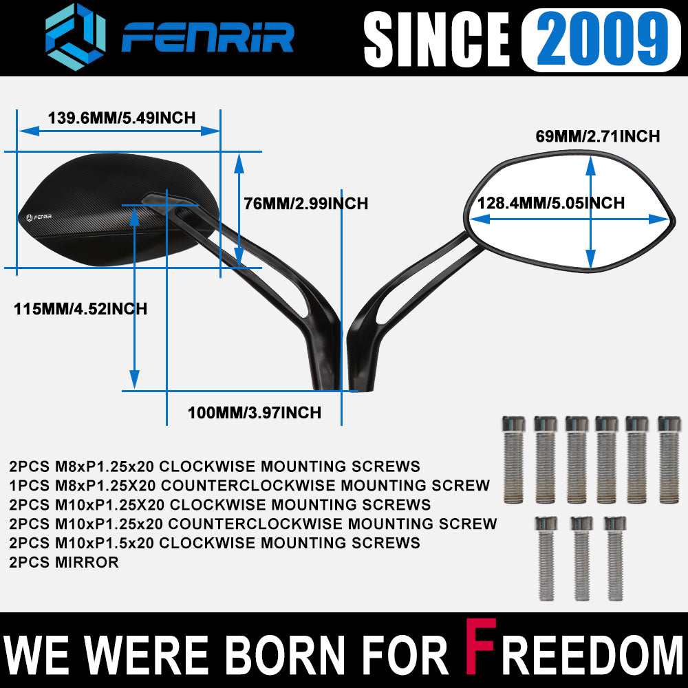 FENRIR Universal Motorcycle Side Mirror CNC Aluminum Alloy Anti-glare Curved Lens Big view Anti-vibration Street sports Cruise Adventure Scooter