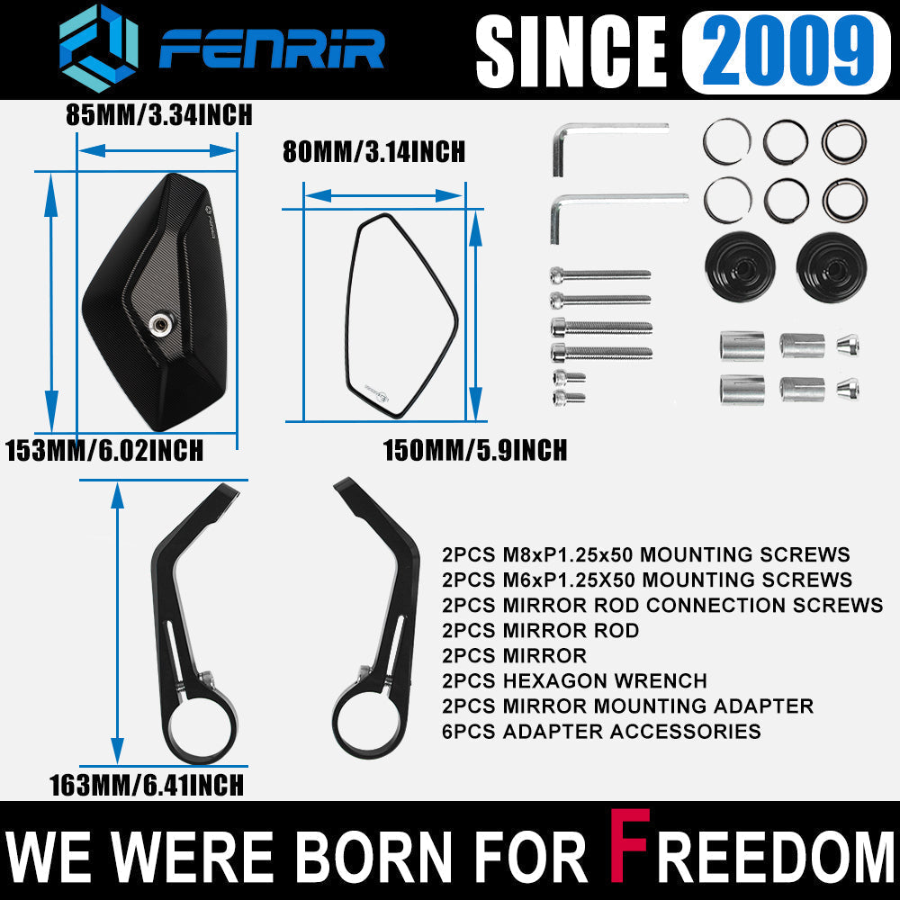 FENRIR Motorcykelstyre Stångsändspegel CNC Aluminium Svart Cafe Racer Antivibration Anti-bländning Stor vy För Sport Naken Street Cruiser Scooter