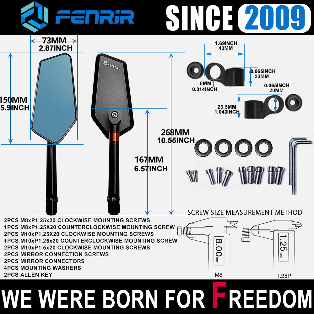 FENRIR Universal-Motorrad-Seitenspiegel, CNC-Aluminiumlegierung, blendfreie, gebogene Linse, große Ansicht, Anti-Vibration