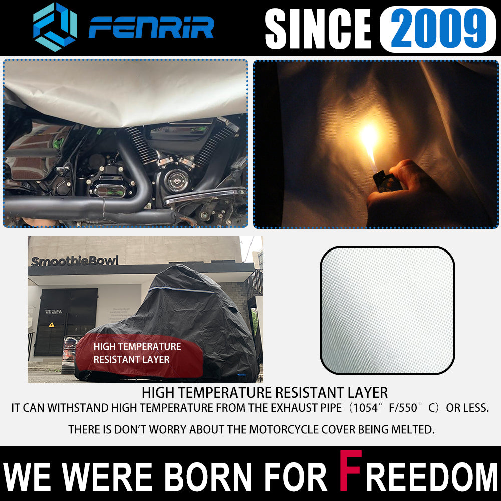FENRIR 104" Inch 265CM 420D Oxford Cloth Motorsykkeldeksel Vanntett utendørs oppbevaring for Cruise Touring Bagger Bobber sideboksdesign Antennehull